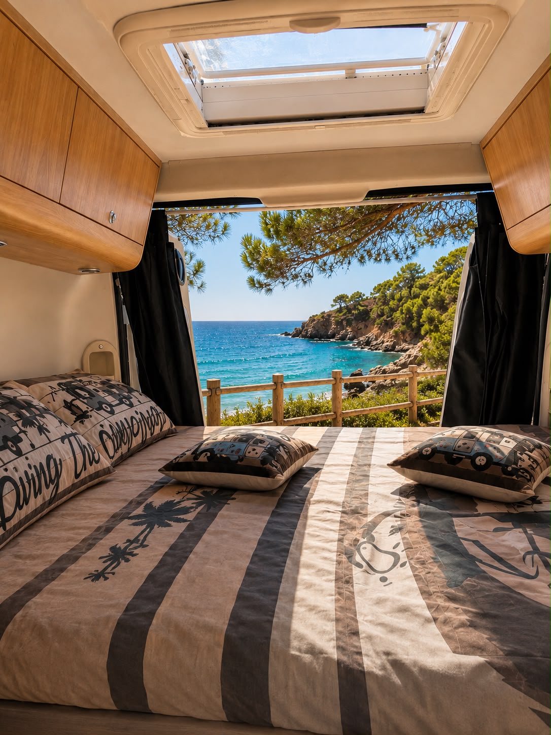 Interior da autocaravana com vista para o pôr do sol